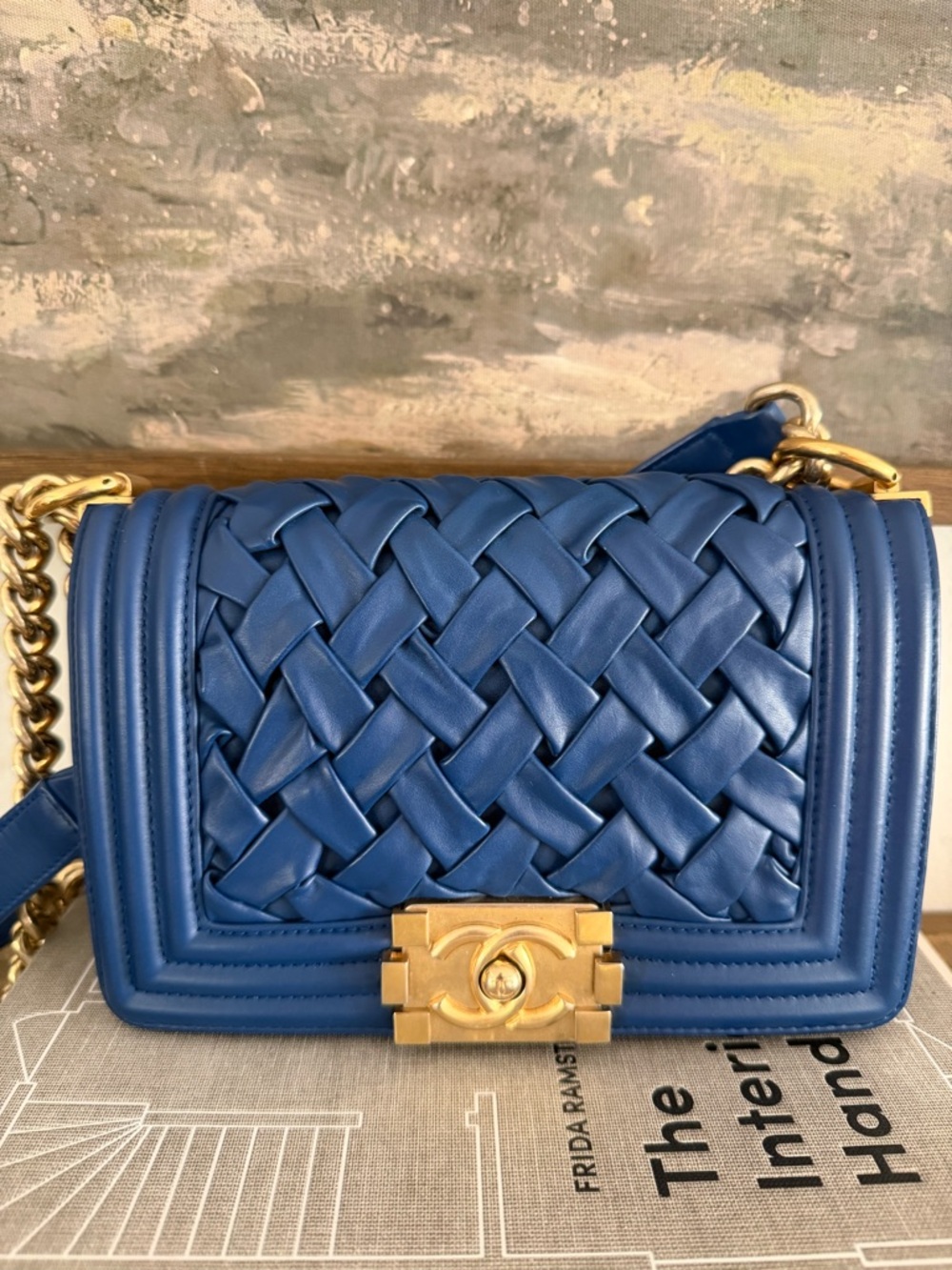 CHANEL Blue Woven Leather Boy Bag with Gold Hardware